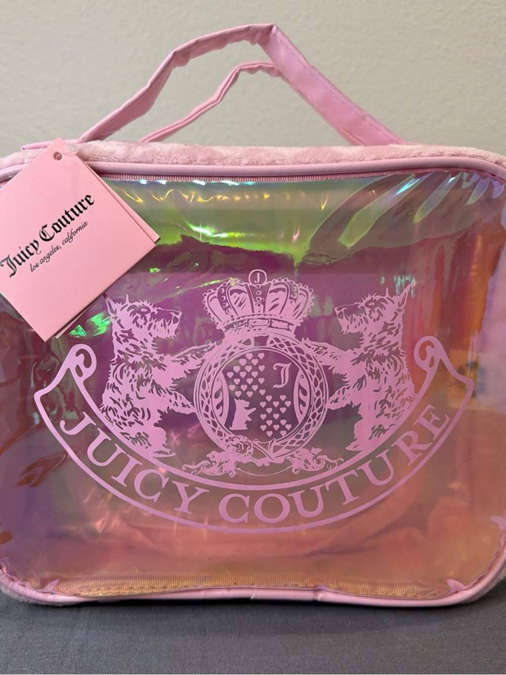 NWT Juicy Couture Pink Iridescent & Velour Cosmetic Case, w/ toiletries bottle